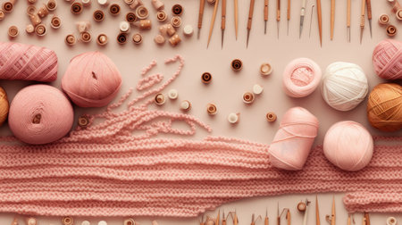 a knitted wool sweater in progress, surrounded by knitting needles, yarn balls, and other knitting accessories. the seamless pattern of the sweater fabric. This photo can appeal to knitting enthusiasts and crafters. SEAMLESS PATTERN. SEAMLESS WALLPAPERの素材