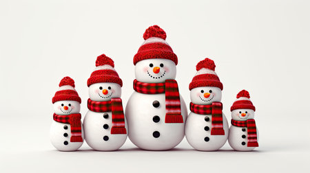 a family of snowmen, each with their unique accessories and expressions, against a plain white background. space for text to create a heartwarming winter-themed greeting card or posterの素材