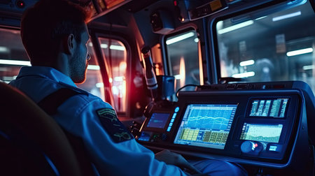 an ECG monitor in an ambulance, with paramedics attending to a patient on the way to the hospital, highlighting the critical role of ECGs in emergency careの素材