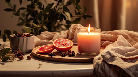 a modern minimalist arrangement that includes an aromatic candle, dried citruses, cinnamon, anise, and a miniature watermelon, all coming together to celebrate the spirit of autumnの素材