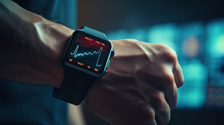 a fitness enthusiast wearing an ECG-equipped smartwatch during a workout, with the monitor displaying heart rate data, promoting the use of technology in maintaining a healthy lifestyleの素材