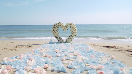 a heart-shaped arrangement of rose petals on the beach sand during a seaside wedding ceremony. The gentle blue wave in the background adds a serene touch to the romantic settingの素材