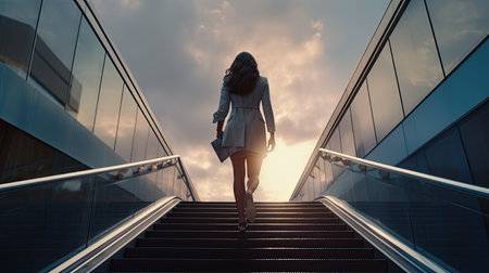 a modern businesswoman's legs as she confidently climbs a staircase in the heart of a bustling city. ample space around the image for text describing her determination and ambitionの素材