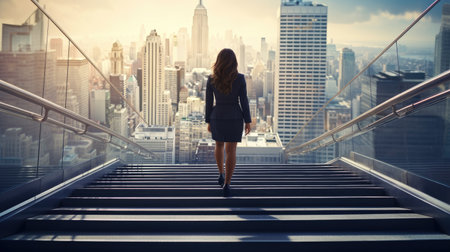 a modern businesswoman's legs as she confidently climbs a staircase in the heart of a bustling city. ample space around the image for text describing her determination and ambitionの素材