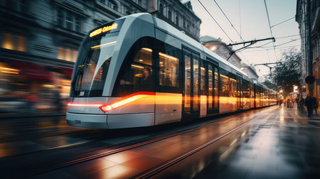 the movement of a tram or light rail system as it traverses the city streets, panning to keep the vehicle sharp while blurring the surroundingsの素材