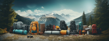 hiking and camping equipment, including a backpack, water bottle, and sturdy shoes, against the backdrop of a lush forest. ample space for informative copyの素材