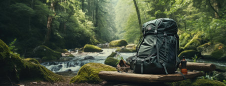 hiking and camping equipment, including a backpack, water bottle, and sturdy shoes, against the backdrop of a lush forest. ample space for informative copyの素材