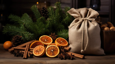 a festive burlap bag filled with fragrant fir branches, intertwined cinnamon sticks and decorated with dried orange slices. natural and eco-friendly elements in this minimalist Christmas decorの素材