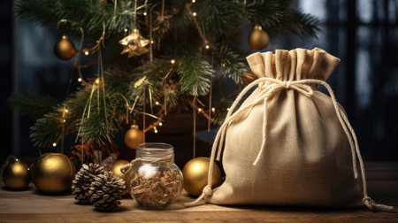 a festive burlap bag filled with fragrant fir branches, intertwined cinnamon sticks and decorated with dried orange slices. natural and eco-friendly elements in this minimalist Christmas decorの素材