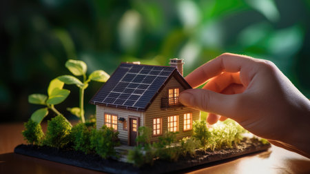 a hand holding a small model house with prominent solar panels installed on its roof, highlighting the role of renewable energy in eco-friendly livingの素材