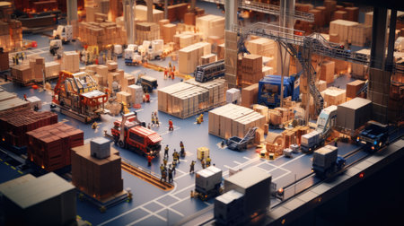 workers loading a delivery truck with neatly stacked cardboard boxes outside a logistics warehouseの素材