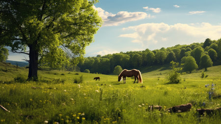 a horse herd leisurely grazing in a sunlit summer pastureの素材