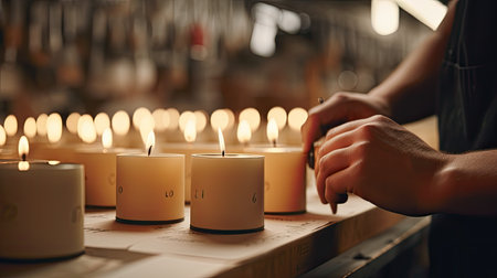 labels are affixed to candles as part of the quality control process, emphasizing the care taken in ensuring a flawless finishの素材