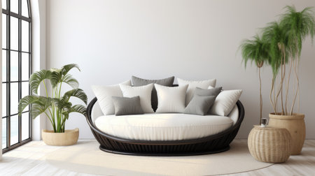 a curved, rounded knitted white sofa with black accents, featuring knitted cushions for added comfortの素材