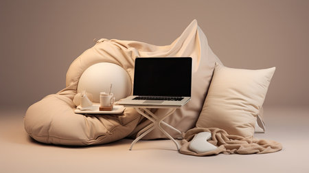 a stylish bean bag chair topped with a laptop computer, featuring elements inspired by the design aestheticsの素材