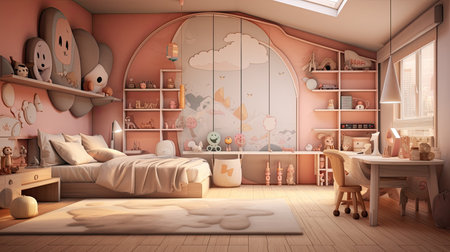 an architecturally designed children's room with a minimalist aesthetic, featuring a soothing color schemeの素材