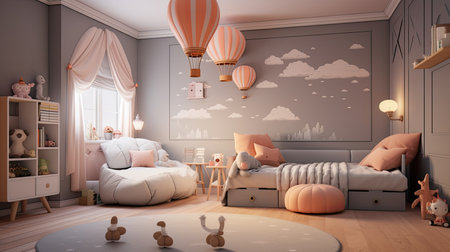 an architecturally designed children's room with a minimalist aesthetic, featuring a soothing color schemeの素材