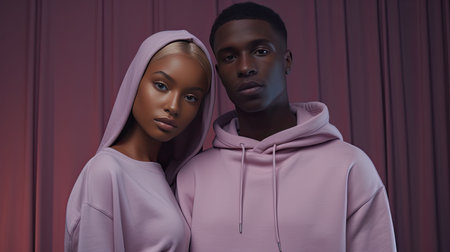 a stunning African couple wearing plain hoodie mockups in a well-equipped photo studio, demonstrating style and comfortの素材
