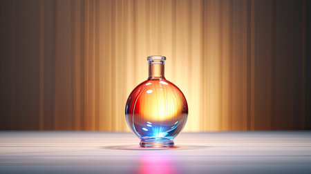 small circular bottle refracting light on a white tableの素材