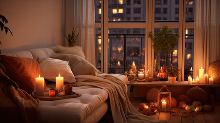 a modern apartment's hall adorned with warm autumn decorations and softly lit candles, evoking a cozy seasonal ambianceの素材