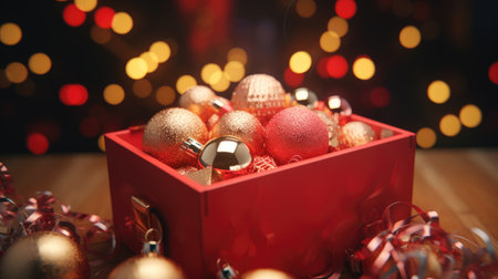 an open box overflowing with vibrant Christmas baubles, capturing the excitement and festive spirit of the seasonの素材