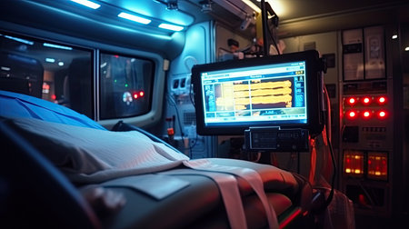 an ECG monitor in an ambulance, with paramedics attending to a patient on the way to the hospital, highlighting the critical role of ECGs in emergency careの素材
