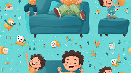 a happy little girl waving hello to a virtual audience during an online video call, her bright smile lighting up the screen SEAMLESS PATTERN. SEAMLESS WALLPAPERの素材