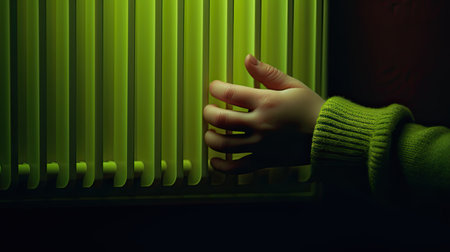 a child's hand placed on a warm radiator against a soft, light wall, symbolizing comfort and warmth in a homeの素材
