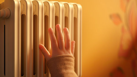 a child's hand placed on a warm radiator against a soft, light wall, symbolizing comfort and warmth in a homeの素材