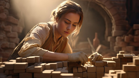 a skilled Caucasian woman meticulously laying bricks, showcasing the art of brickwork and constructionの素材