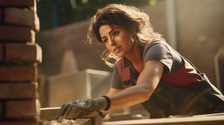 a skilled Caucasian woman meticulously laying bricks, showcasing the art of brickwork and constructionの素材