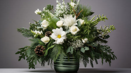 a bouquet of fir branches in a realistic depiction, intricate details of pine needles on a clean white backgroundの素材