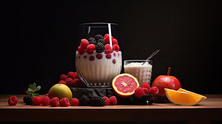 a glass of creamy yogurt placed beside an artfully arranged selection of fresh fruits. The setting exude modern minimalist aestheticsの素材