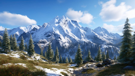 a high seat nestled in a serene hunting area, offering an unobstructed panorama of the snow-capped Alps, capturing the beauty of the wildernessの素材