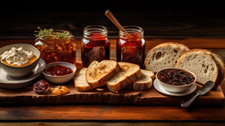 golden toasts covered in sweet, vibrant jams on a rustic wooden background to evoke a warm and inviting breakfast sceneの素材