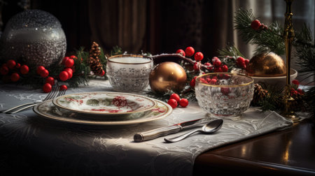 a single cutlery set composed of a napkin, spoon, knife, and fork elegantly arranged on a plate. This set is on a gray surface with Christmas ornaments nearby, beautifully illuminated by natural daylightの素材