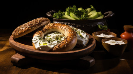 a Jerusalem bagel stuffed with creamy feta cheese and aromatic za'atar, on a rustic wooden backgroundの素材