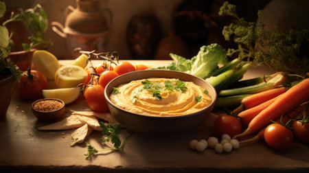 the hummus, vegetable sticks, chickpeas and olivesの素材