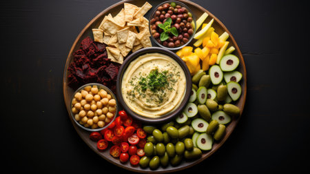 the hummus, vegetable sticks, chickpeas and olivesの素材