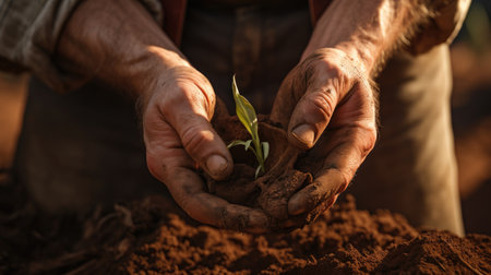 the details of the soil in the farmer's hands, the texture, color, and richness of the soil to highlight the essence of the produceの素材