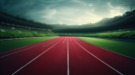 a vibrant red running track surrounding a lush green stadium, the track from a high-angle perspective to showcase its winding path around the stadiumの素材