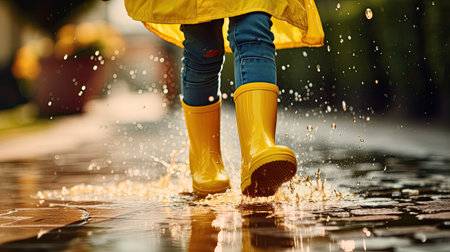 a child as they wear yellow rubber boots and gleefully jump over a puddle in the rain, the child's legs in mid-air to emphasize the momentの素材