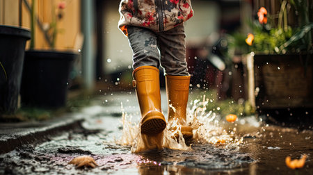 a child as they wear yellow rubber boots and gleefully jump over a puddle in the rain, the child's legs in mid-air to emphasize the momentの素材