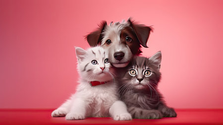 a dog puppy and a gray tabby cat happily interacting on a clean white background. The pets playfully engaged to convey their affection and charmの素材