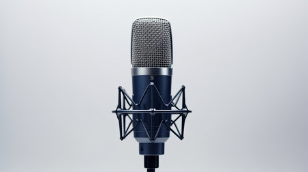 a media journalist's microphone on a light background with ample empty space on the left for text or graphics. The clean composition and professionalの素材