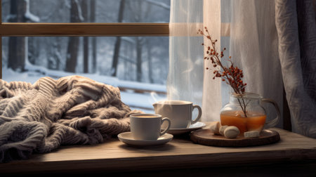a cup of steaming hot coffee placed beside a soft, inviting blanket on the windowsill of a modern cottage, the warmth and comfort of the momentの素材