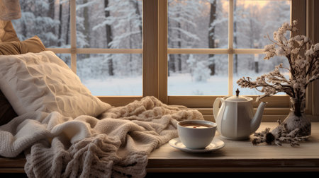 a cup of steaming hot coffee placed beside a soft, inviting blanket on the windowsill of a modern cottage, the warmth and comfort of the momentの素材