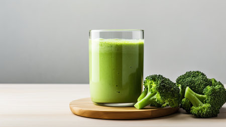 a healthy green smoothie, featuring broccoli, elegantly presented in a glass on a white wood background. The composition follows a modern minimalist style on a white backgroundの素材