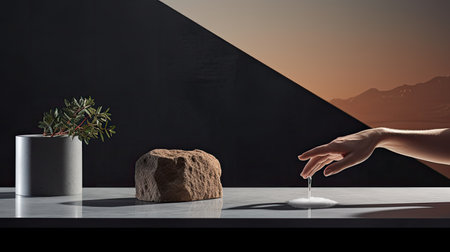 a female hand using a washing sponge to meticulously clean a stone surface on a kitchen tabletop. The composition adheres to a modern minimalist style, highlighting the beauty of the processの素材