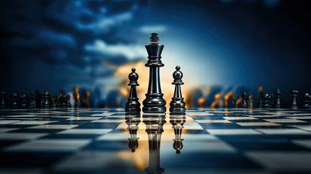 a King engaged in a chess battle, standing on a chessboard against a black isolated background. This image symbolizes a business leader's strategic progress in conquering the target marketの素材